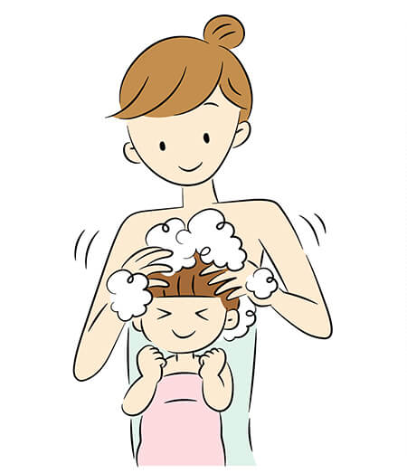 子供の髪を洗ってあげている母親のイラスト