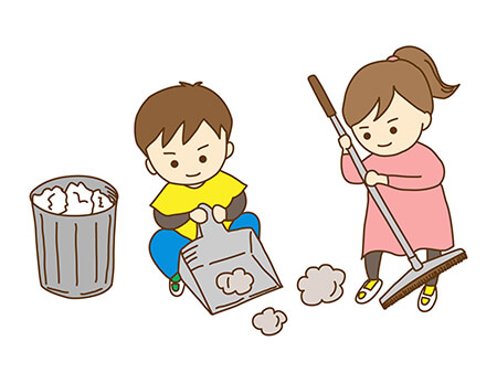 ほうきとちり取りで掃除をする男の子と女の子のイラスト