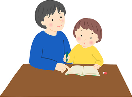 子供に勉強を教えている母親のイラスト