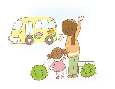幼稚園バスを見送る母親と娘のイラスト
