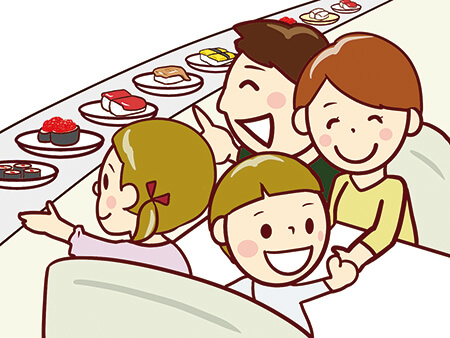回転寿司屋でお寿司のネタを選ぶ家族4人のイラスト