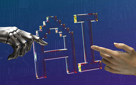 AIに生成されたロボットの手と人間の手がAIという文字を支えているイメージ